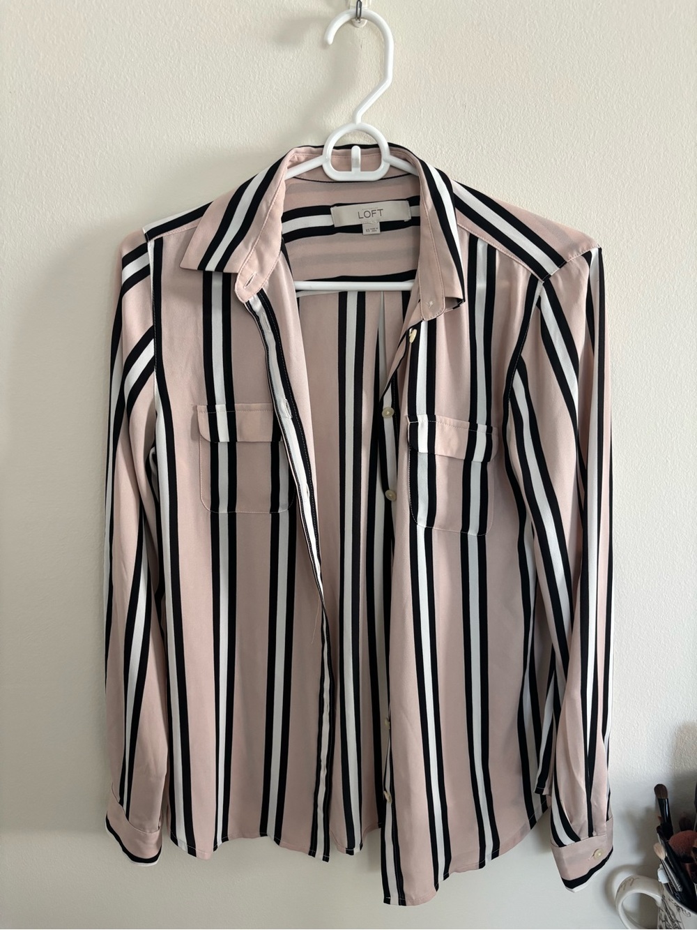 LOFT Blush, Black and White Striped Button-Down Blouse